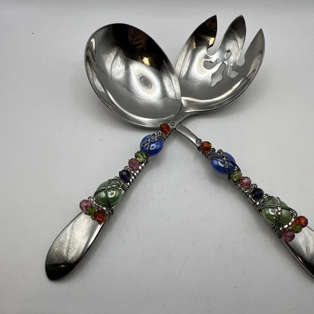 Vintage Gorham 18/10 Stainless Steel Wire Wrapped Beaded Salad Serving Set 2 pc